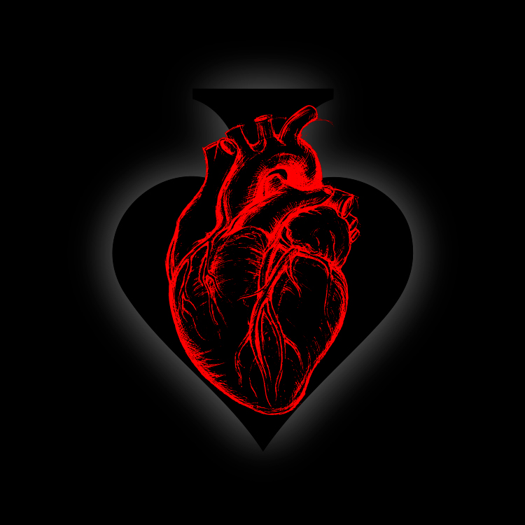 Anatomische Zeichnung eines menschlichen Herzens in Rot, umrahmt von einem kaum sichtbaren umgekehrten schwarzen Pik-Symbol mit zart leuchtender Umrandung.